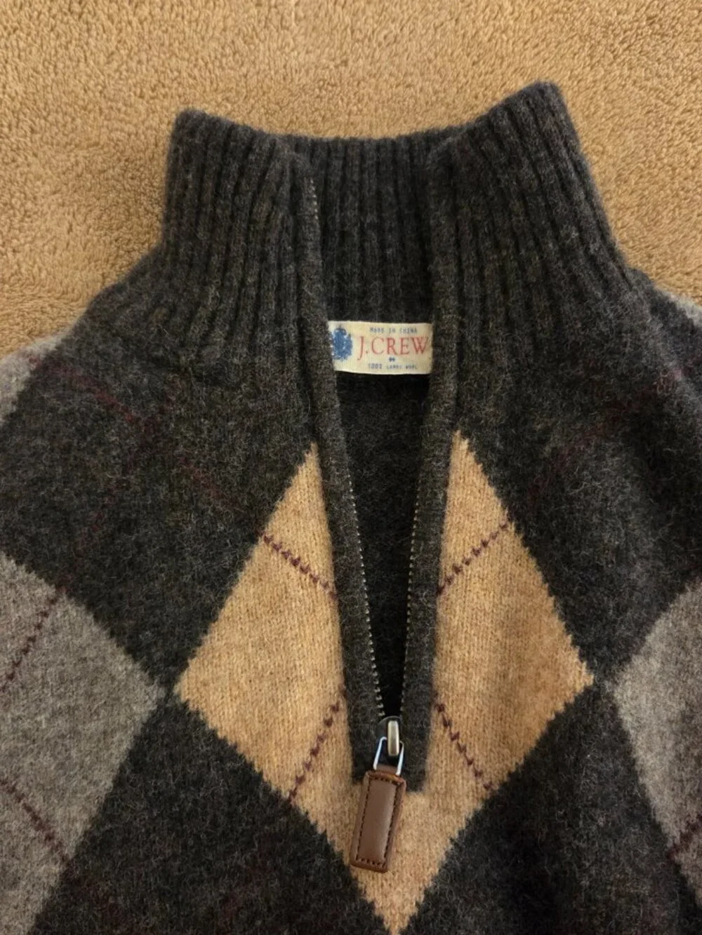 Y2K J Crew Pullover 1/4 Zip Argyle Mock Neck Sweater 100% Lambswool Mens S Brown